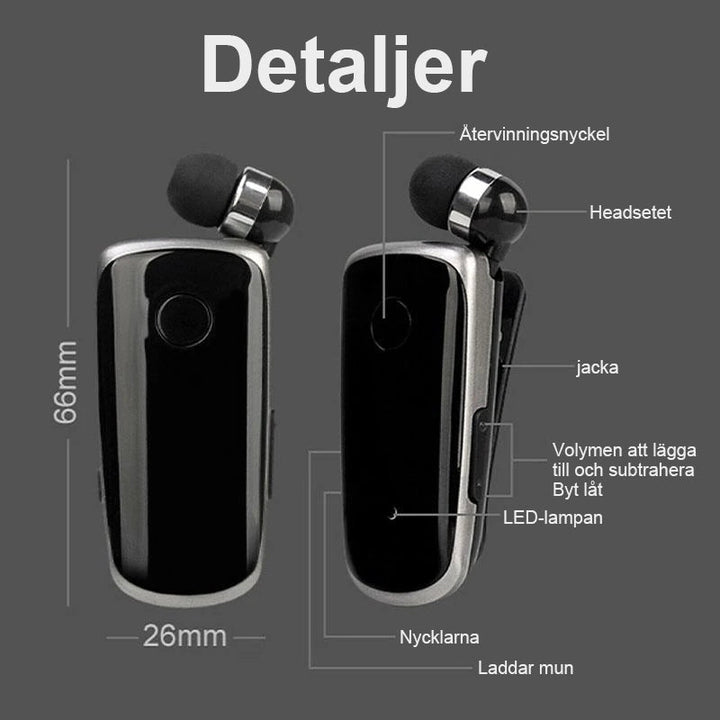 "Elegant Bluetooth-headset med krag-clip och indragbara hörsnäckor, idealiskt för handsfree-bruk och dagliga aktiviteter."