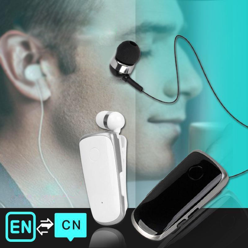 "Elegant Bluetooth-headset med krag-clip och indragbara hörsnäckor, idealiskt för handsfree-bruk och dagliga aktiviteter."