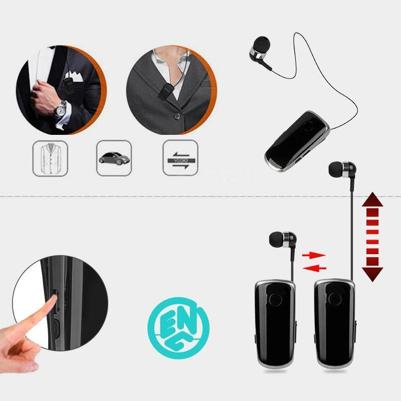 "Elegant Bluetooth-headset med krag-clip och indragbara hörsnäckor, idealiskt för handsfree-bruk och dagliga aktiviteter."