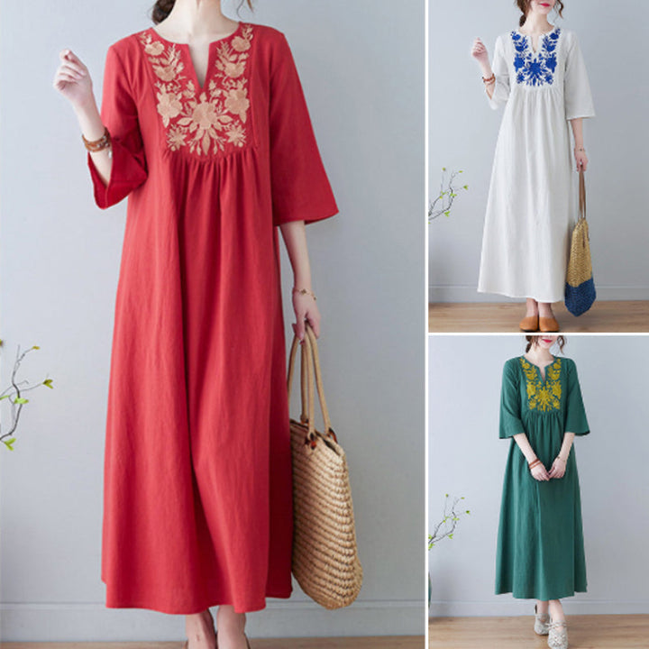 "Elegant broderad sommarklänning med V-ringning, kort ärm och lång kjol, i färger vit, gul, röd och grön för kvinnor."