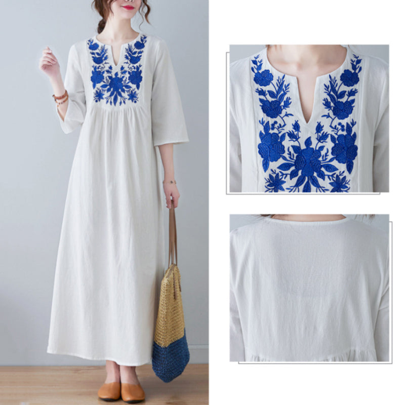 "Elegant broderad sommarklänning med V-ringning, kort ärm och lång kjol, i färger vit, gul, röd och grön för kvinnor."