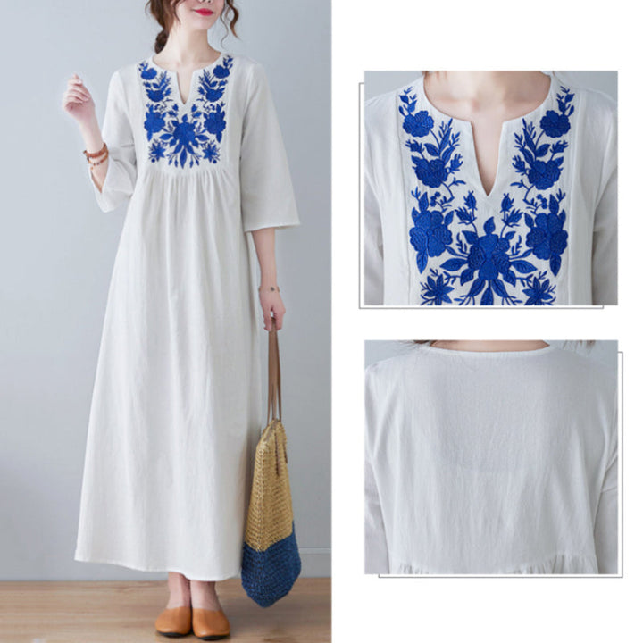"Elegant broderad sommarklänning med V-ringning, kort ärm och lång kjol, i färger vit, gul, röd och grön för kvinnor."