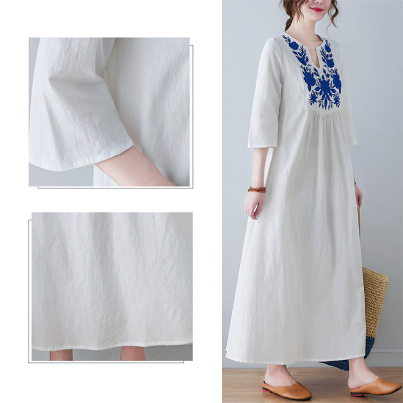"Elegant broderad sommarklänning med V-ringning, kort ärm och lång kjol, i färger vit, gul, röd och grön för kvinnor."