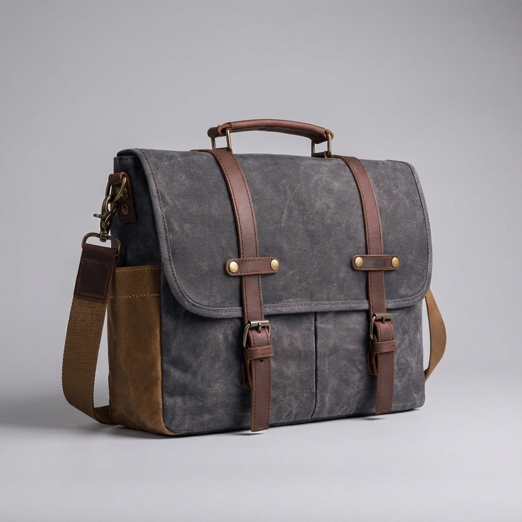 Man bär en stilren khaki axelremsväska i läder, en praktisk messengerbag för den moderna mannen på språng.
