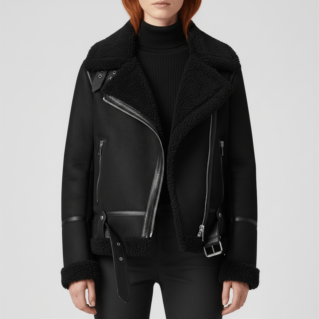 Elegant brun damjacka Amy, klassisk shearling-stil. Varm kort vinterjacka för kyliga dagar.