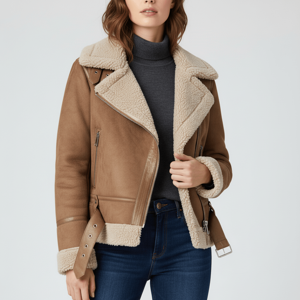 Brun damjacka Amy, varmt foder och elegant design. Shearling-inspirerat ytterplagg för damer.