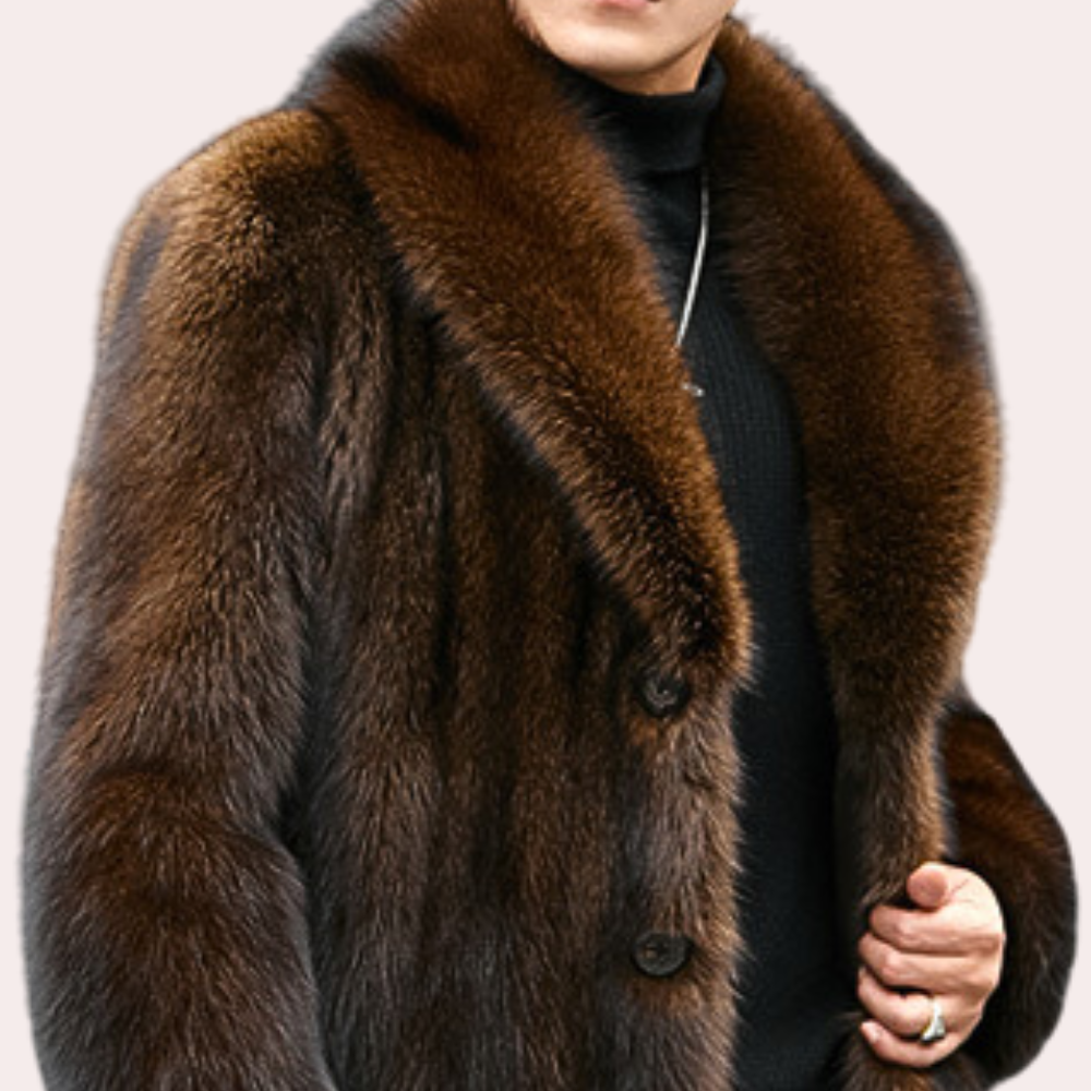 Klassisk svart herr vinterjacka med elegant pälslook. Perfekt för varmt och stilfullt herrmode.