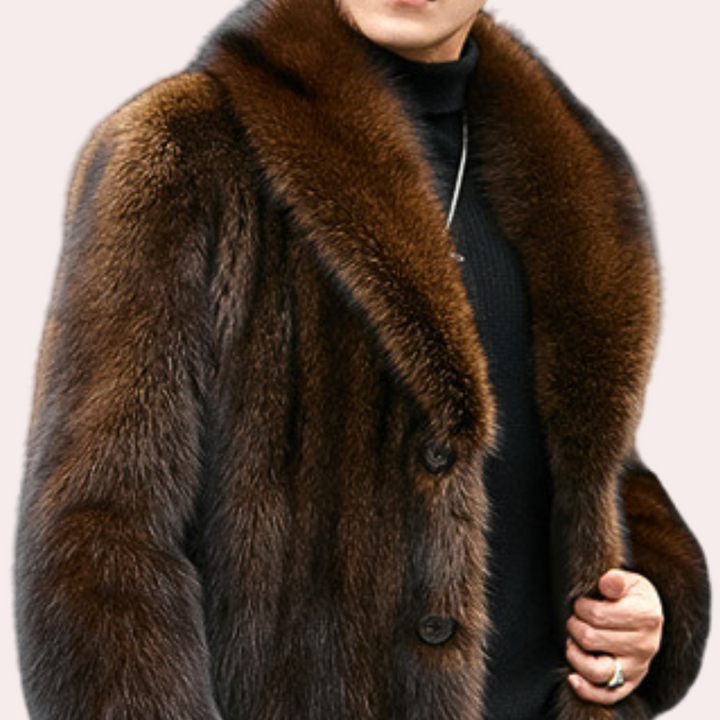 Klassisk svart herr vinterjacka med elegant pälslook. Perfekt för varmt och stilfullt herrmode.