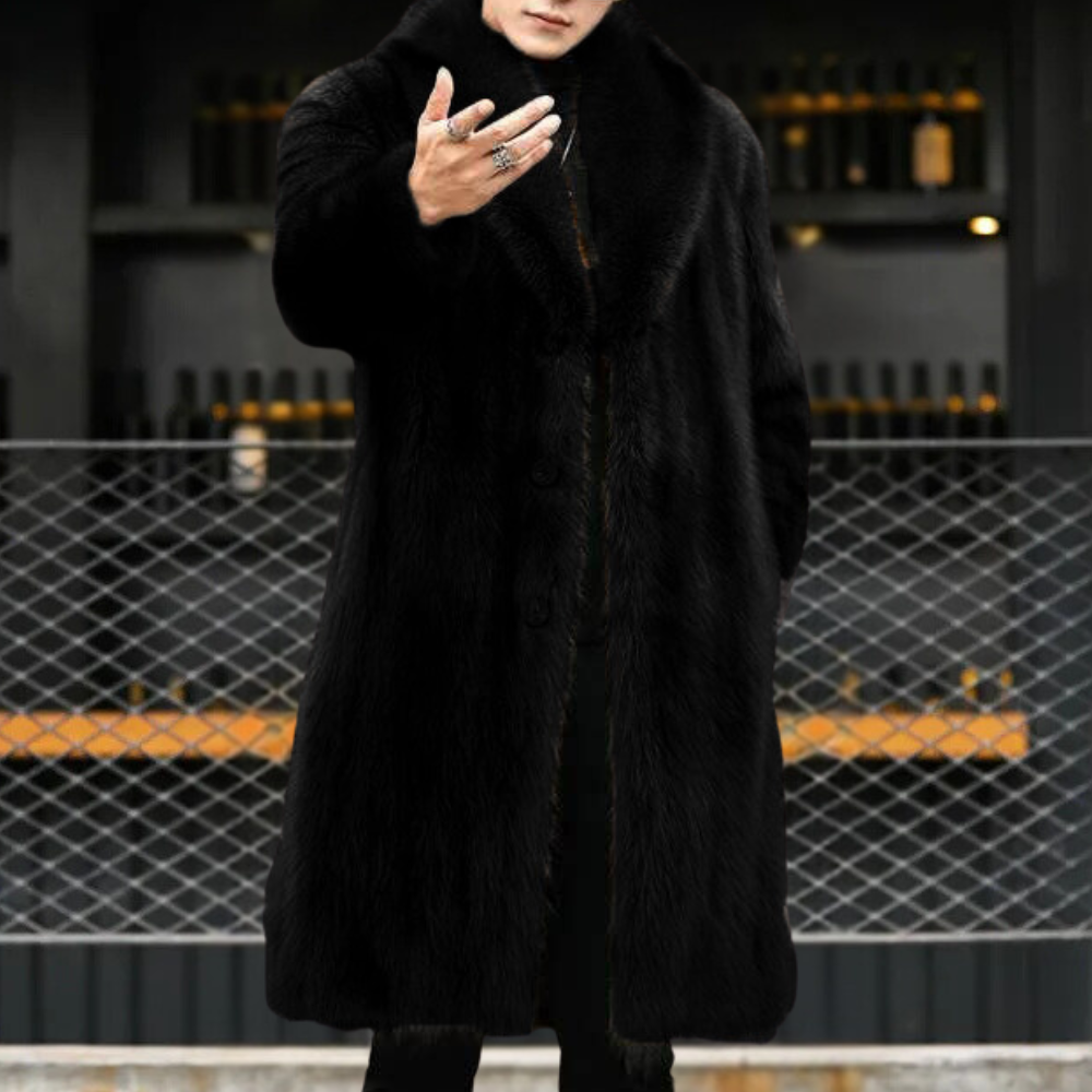 Sofistikerad brun vinterjacka för herrar med elegant pälslook. Varmt och klassiskt ytterplagg.