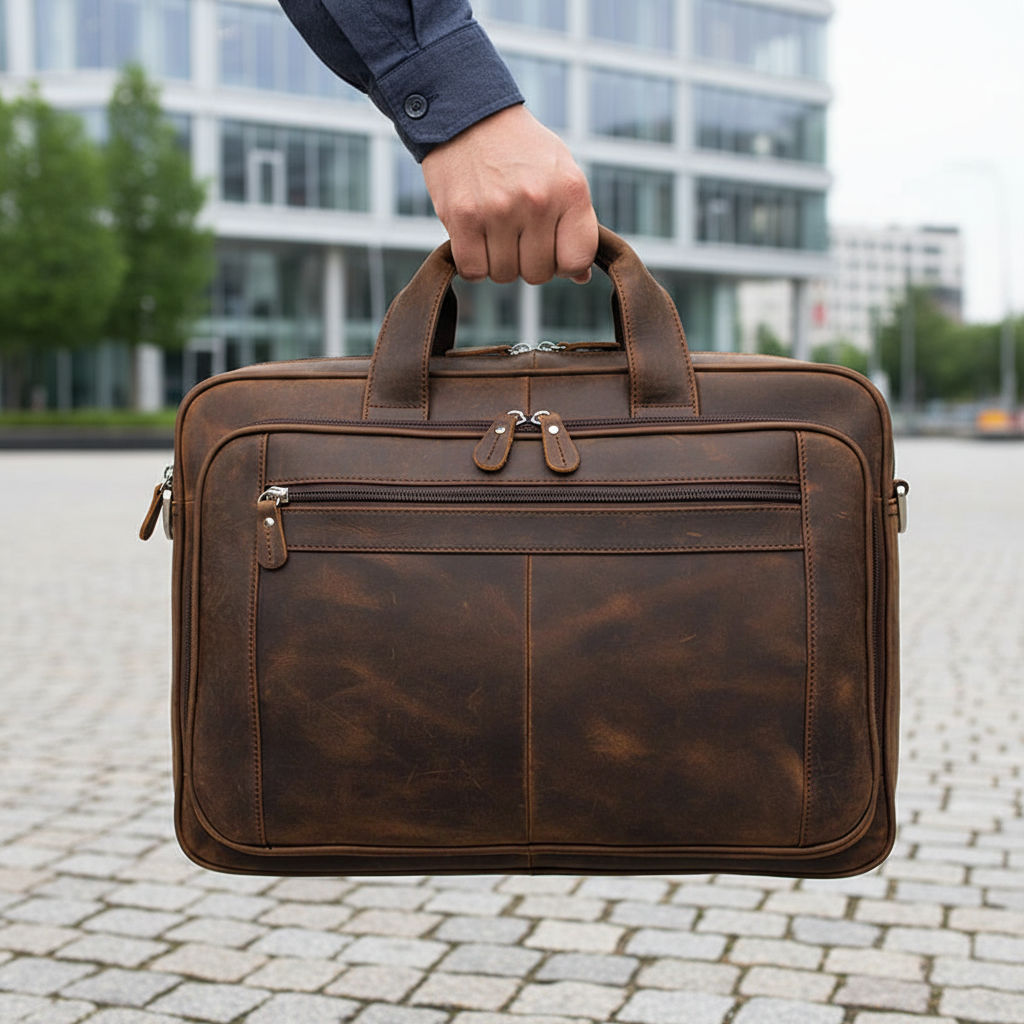 Elegant brun läder laptopväska för 17-tums datorer, perfekt för professionellt bruk och kontorsmiljö.
