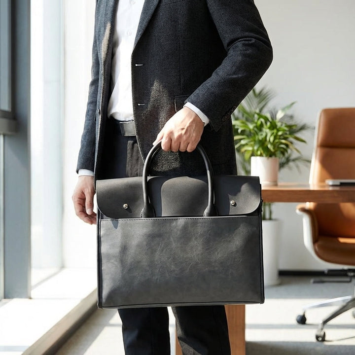 Elegant brun PU-läder laptopväska för män, rymmer 14-tums dator. Perfekt som jobb- och kontorsväska.