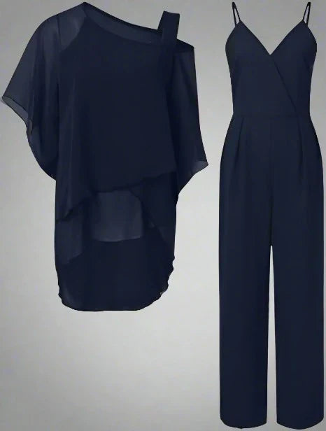 Kvinnors chiffongset med kort ärm och lösa byxor för en bekväm och elegant sommaroutfit