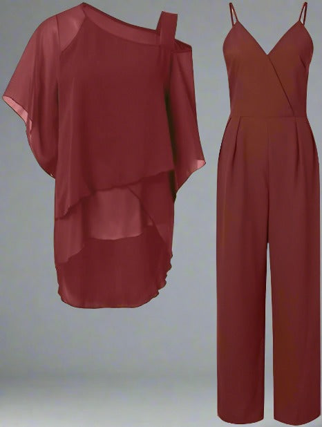 Chic chiffongtopp med kort ärm och matchande byxor, ett elegant modeval för kvinnor