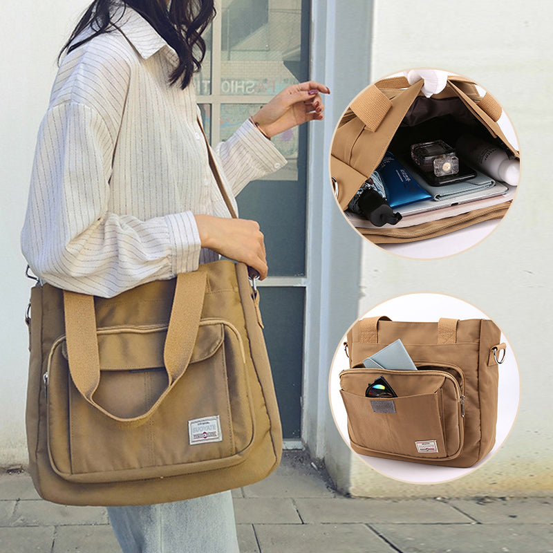 "Elegant crossbody-handväska i nylon för damer, svart och slitstark, kan bäras som axelväska, justerbar rem."