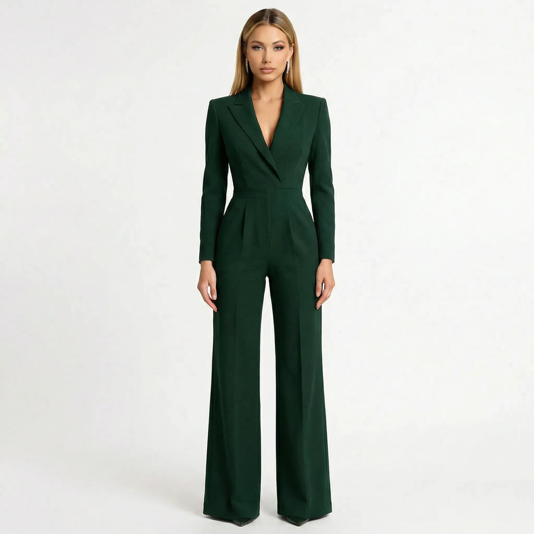 Professionell dam blazer-jumpsuit med vida ben, markerad midja. Elegant kontorskläder och kvällsplagg.