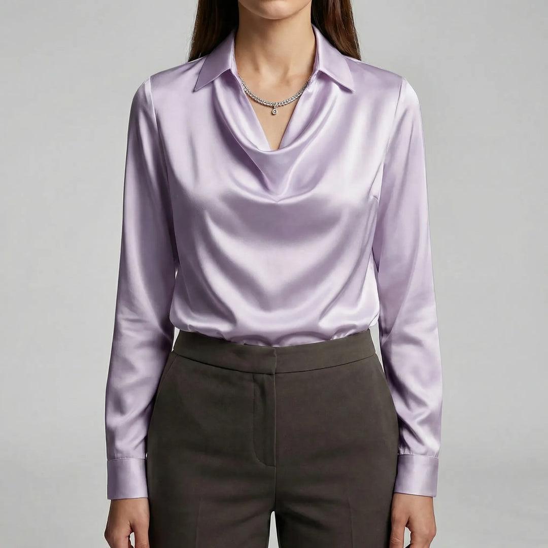 Sofistikerad draperad blus Sophie för dam, med lång ärm & stilfull design för kontor.