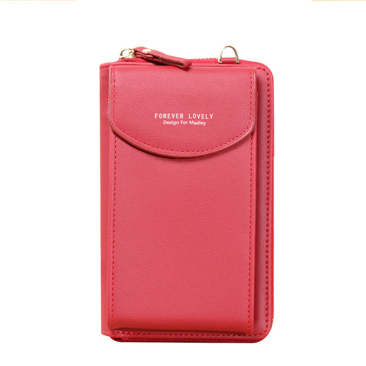 "Elegant dam crossbody telefonväska i rött PU-läder med avtagbar rem, rymligt fack för värdesaker, mångsidig design."