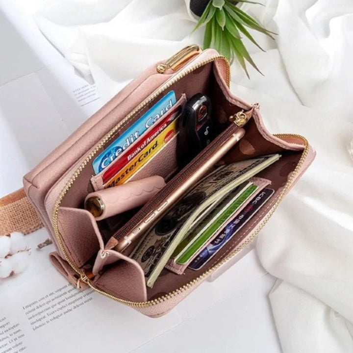 "Elegant dam crossbody telefonväska i rött PU-läder med avtagbar rem, rymligt fack för värdesaker, mångsidig design."