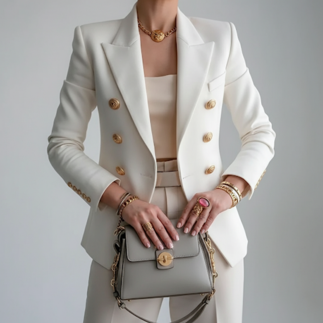 Elegant dam dubbelknäppt blazer med guldknappar. Stilren vit jacka för kontoret eller som festblazer, tidlös design.