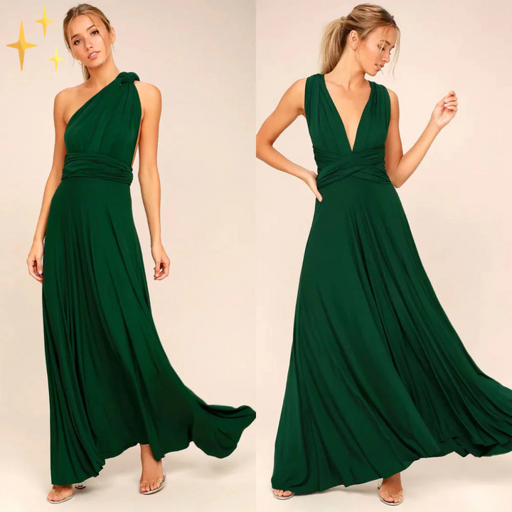 Lång, elegant omlottklänning för dam, perfekt som vardags- eller festklänning.