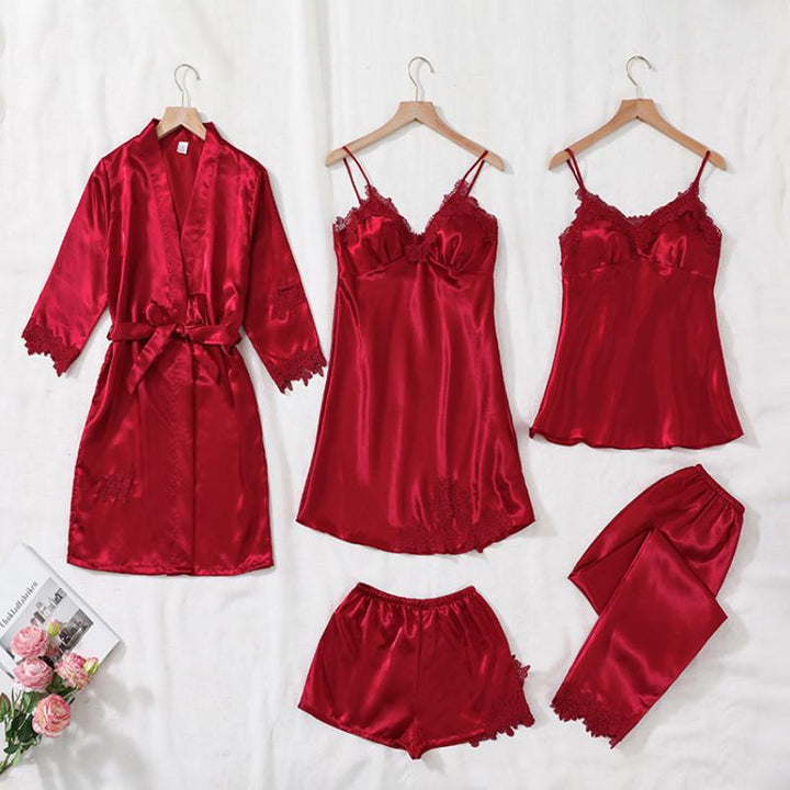 "Elegant dam pyjamas i satin, 5-delars set i olika färger: röd, blå, champagne, rosa och svart. Chic och bekväm design."