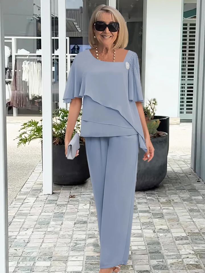 Marinblått dam sommar tvådelat set med festtopp & byxor, en elegant outfit för bröllop & festkläder.