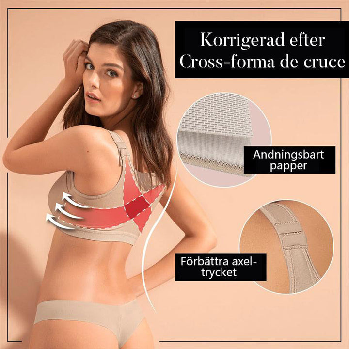 "Elegant dam sport-BH utan bygel med justerbara band, beige och svart, för komfort och stöd vid träning."