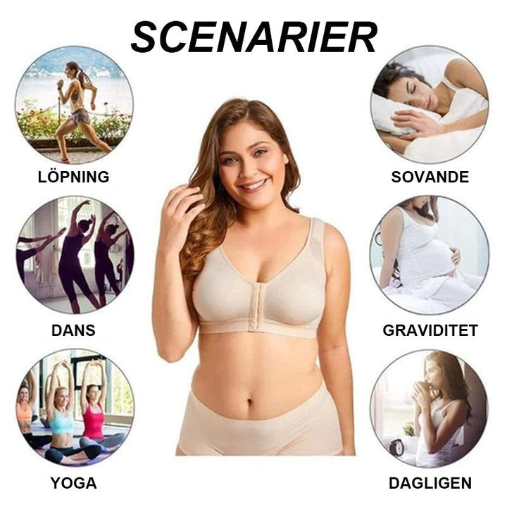 "Elegant dam sport-BH utan bygel med justerbara band, beige och svart, för komfort och stöd vid träning."