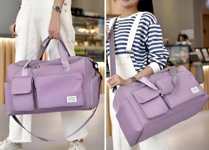 Röd weekend dufflebag för dam, elegant resebag & sportväska med smarta fack.
