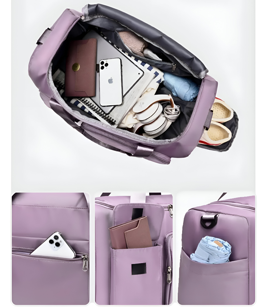 Dam resväska i tyg, en praktisk och fällbar dufflebag för enklare packning.