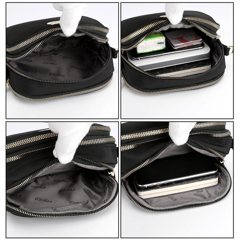Elegant damers nylon crossbody kurirväska med multifickor, justerbar axelrem, tillgänglig i flera färger.