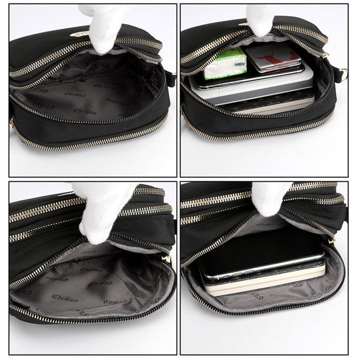 Elegant damers nylon crossbody kurirväska med multifickor, justerbar axelrem, tillgänglig i flera färger.