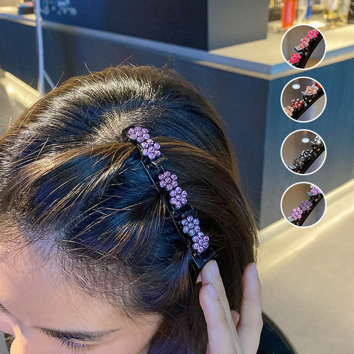 "Elegant damhårnål med strassblomma, handgjord i glittrande strass och harts, finns i rosa, lila, brun och grå."