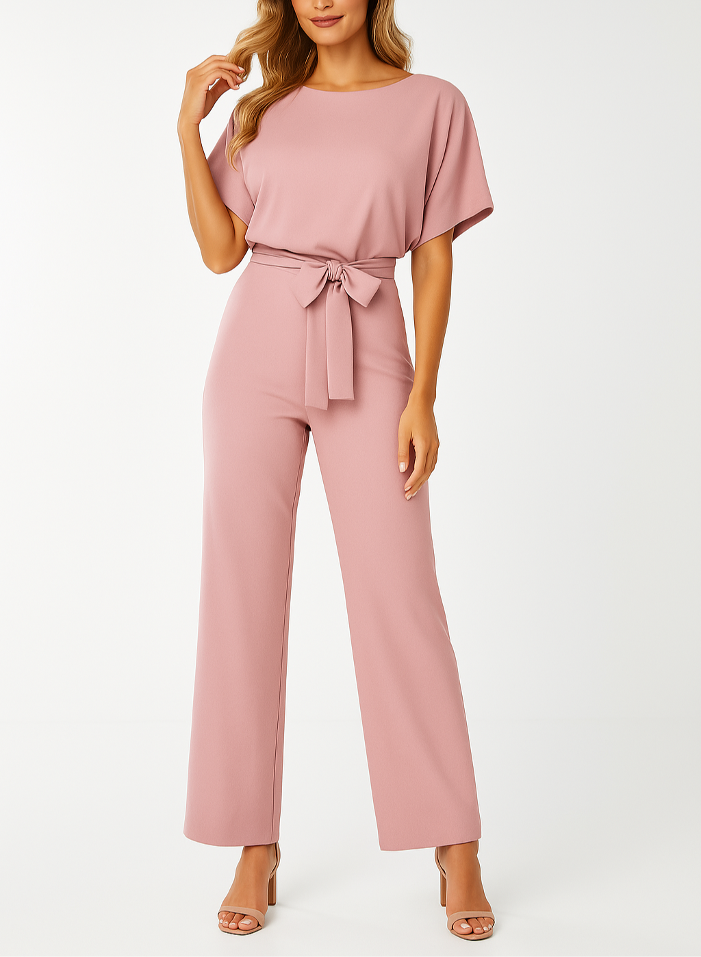 Snygg damjumpsuit med vida ben, korta ärmar och knytband. Elegant & bekväm.