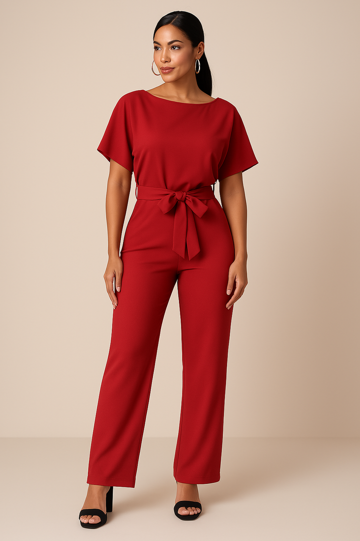 Vardagselegant damjumpsuit Emma. Vida ben, knytband, korta ärmar för avslappnad stil.