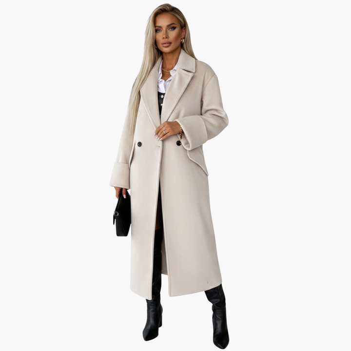 Elegant damkappa med slagkrage och knappstängning, tidlöst ytterplagg för höst & vinter.