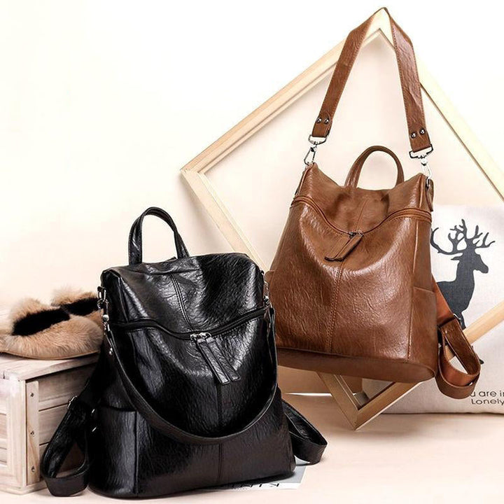 "Elegant damläderryggsäck i svart, brun, grå, grön eller rosa, multifunktionell för arbete och vardag."