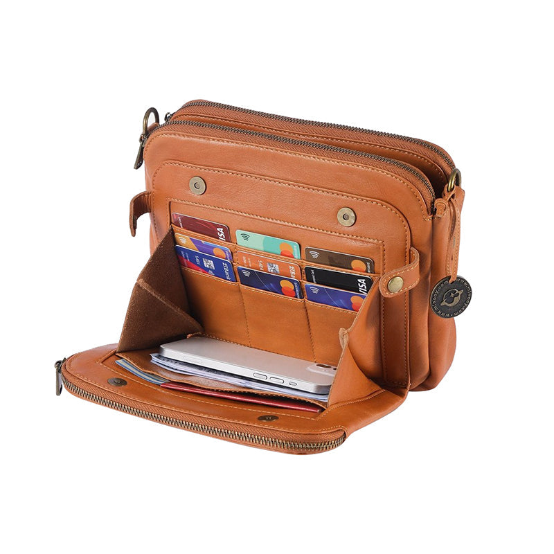 Elegant damläderväska crossbody med multifunktionell design, justerbara remmar och RFID-skydd i flera färger.