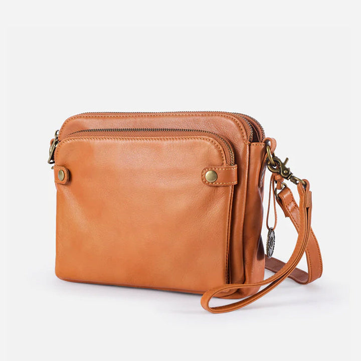 Elegant damläderväska crossbody med multifunktionell design, justerbara remmar och RFID-skydd i flera färger.