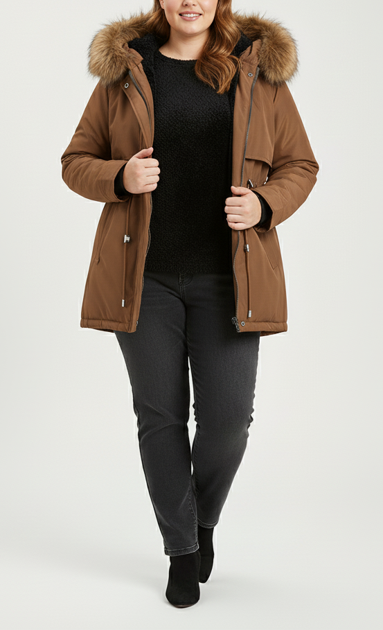 Parkas för dam med smart justerbar midja som framhäver silhuetten, helkroppsvy.