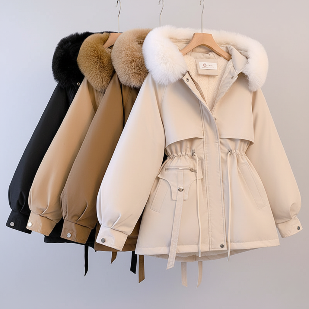 Detalj av dragkedja och knappar på dam parkas, visar hög kvalitet och design.