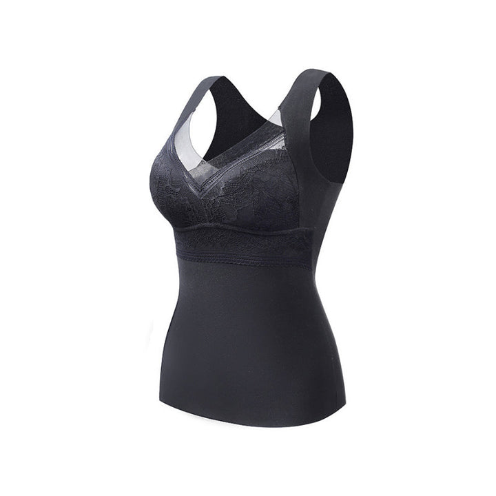 "Elegant damtermounderställ med inbyggd BH, scoop-neck design, andningsbar polyester, svart färg för komfort och stil."