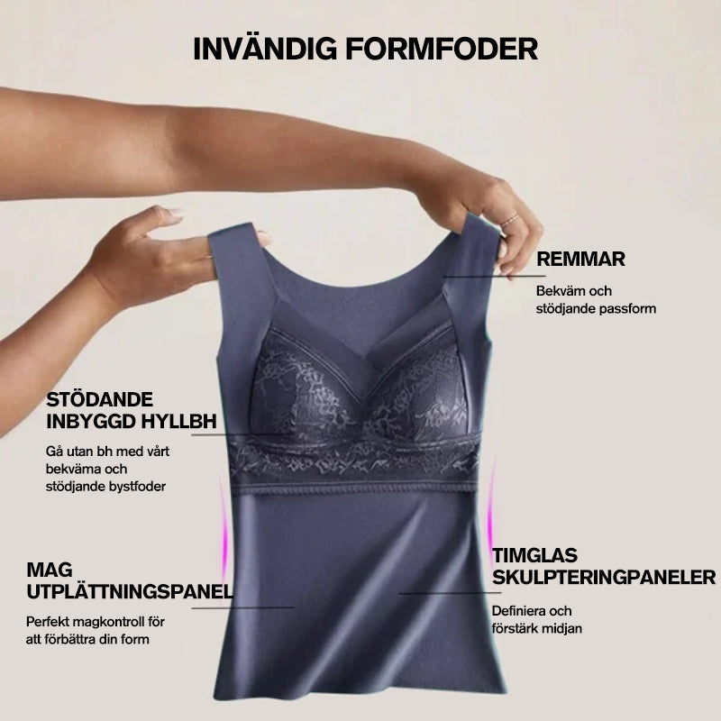 "Elegant damtermounderställ med inbyggd BH, scoop-neck design, andningsbar polyester, svart färg för komfort och stil."
