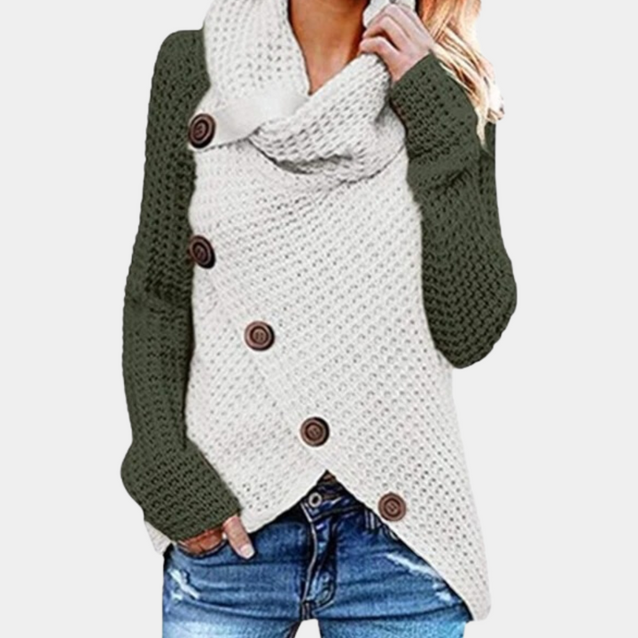 Chic långärmad damtröja med asymmetriska knappar. Trendigt höstmode för en elegant look.
