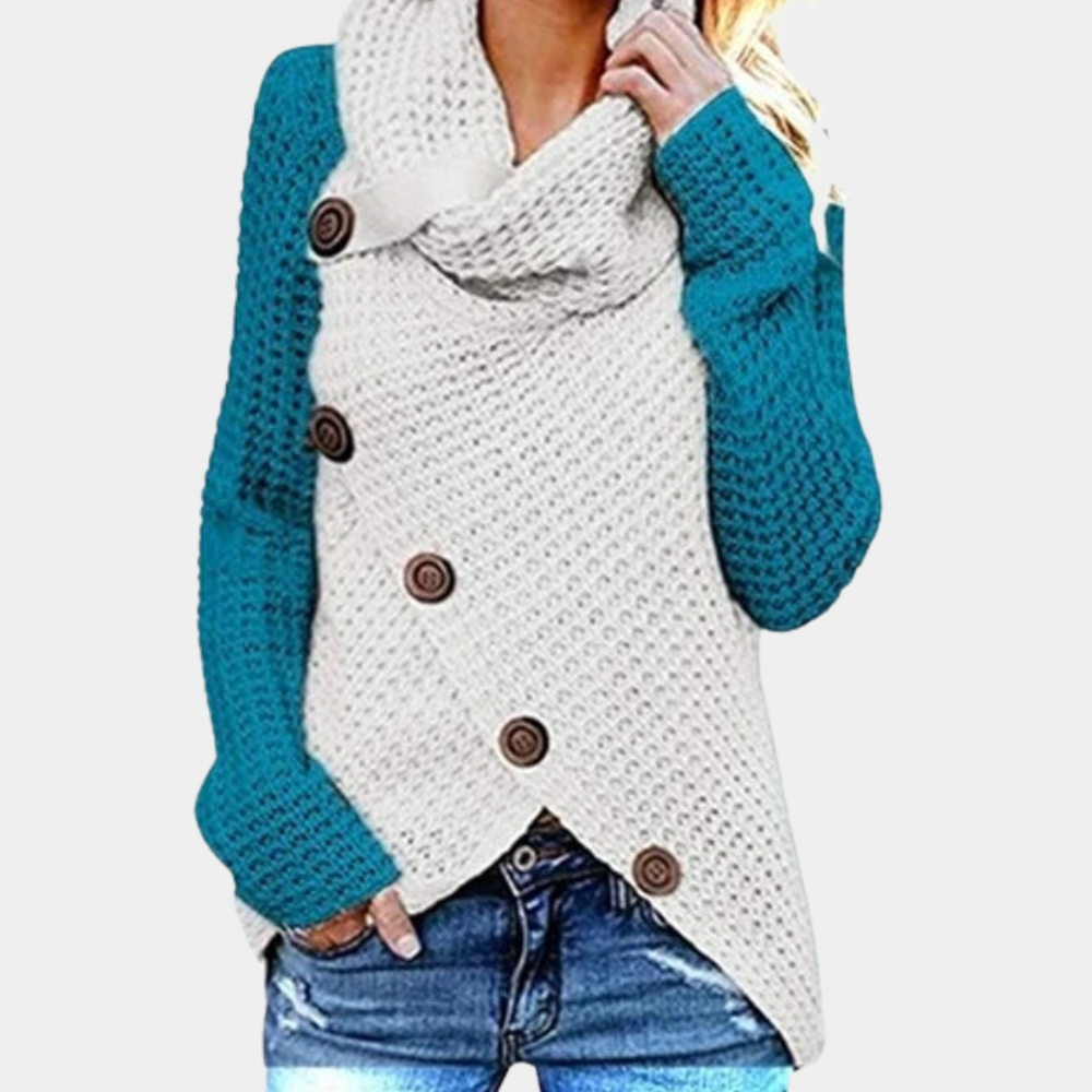 Stickad pullover med unik asymmetrisk knappdetalj. Mångsidig damtröja för casual & elegant stil.
