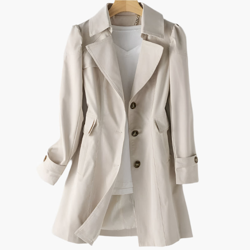 Elegant damtrenchcoat i beige för kvinnor, perfekt som mångsidig vårkappa eller höstkappa. Klassiskt ytterplagg.