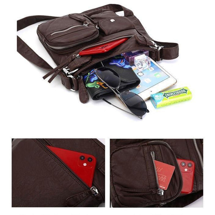 "Elegant damväska i veganskt läder, crossbody med flera fickor, vattentät och stilfull design för optimal organisation."