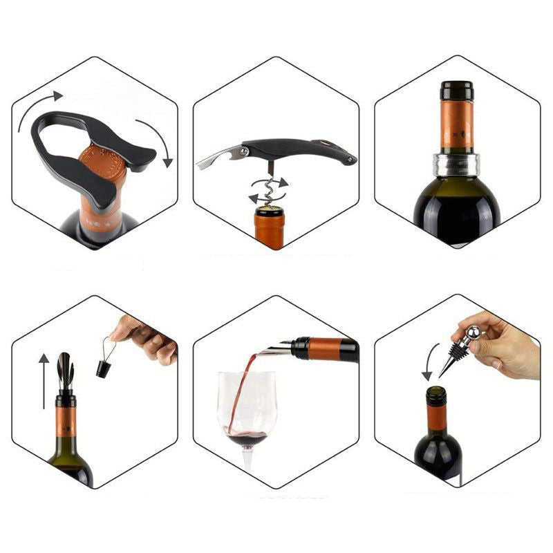 "Elegant Deluxe vintillbehörset i flaskformad förpackning med korkskruv, vinproppar, vinhällare och folieskärare."