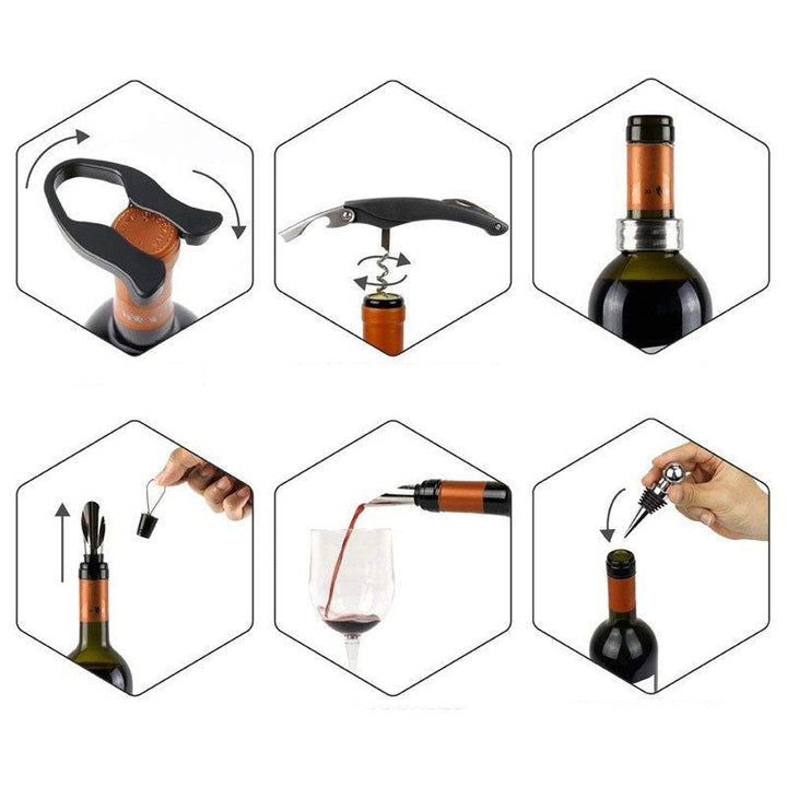 "Elegant Deluxe vintillbehörset i flaskformad förpackning med korkskruv, vinproppar, vinhällare och folieskärare."