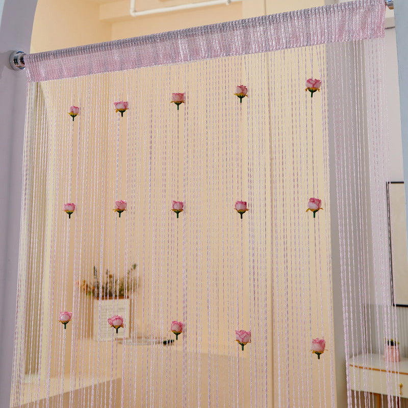 "Elegant dörrgardin i polyester med rosentråd i olika färger, moderna och genomskinliga för vardagsrum eller balkong."